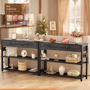 Farmhouse Entryway Table with Outlets & USB Ports 2 Drawers Storage Shelves Easy Assembly Rustic Brown Console Table for Small Spaces 32 Inch Shelves Bedroom