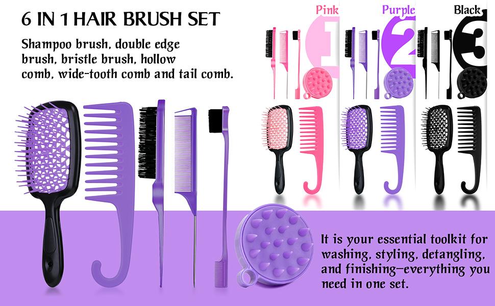 Purple 6-in-1 Hair Brush Set with Detangler & Combs for Straight Curly All Hair Types Wet Dry Adults Children 13 Counts Hair Care Kit Purple 6-in-1 Hair Brush Set with Detangler & Combs for Straight Curly All Hair Types Wet Dry Adults Children 13 Counts Hair Care Kit