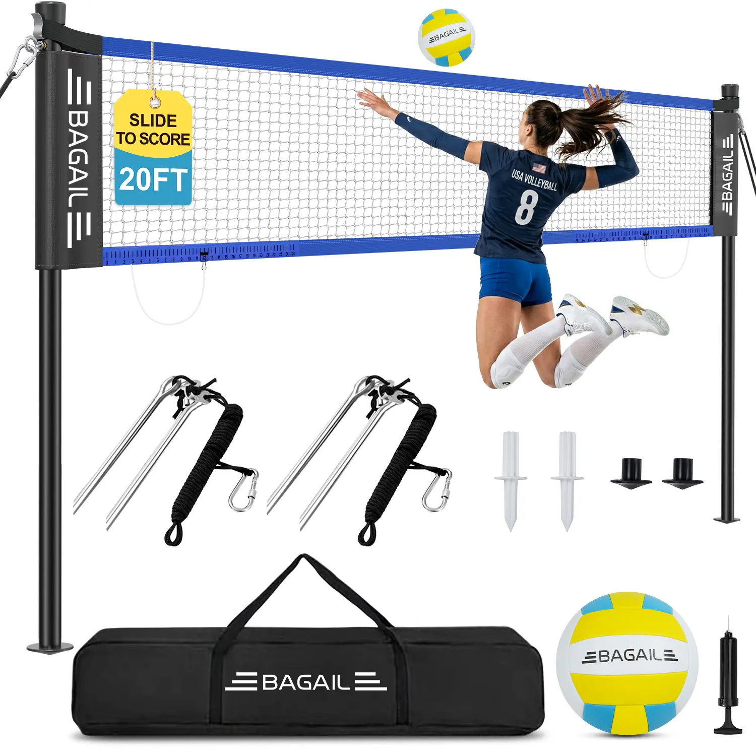 【BackToSchool】BAGAIL Outdoor Volleyball Net Set 20FT/32FT, Portable for Beach, Backyard | Complete Kit with Carry Bag, Ball & Pump, Integrated Scoring System, Anti-Sag, All-Weather Durability, Easy 5-min Setup tiktokshopbacktoschool