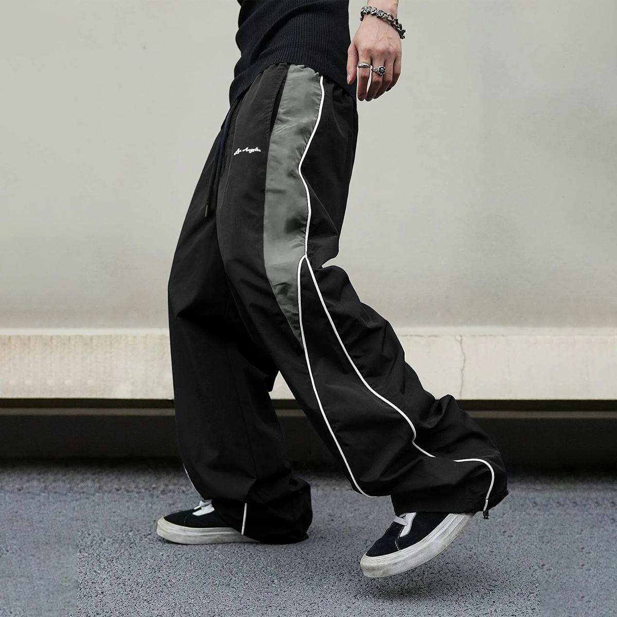 Men's high street style contrasting color splicing side striped tied wide-leg pants, American retro Los Angeles printed design loose drape sweatpants, multi-color optional thin casual pants are suitable for spring and summer wear