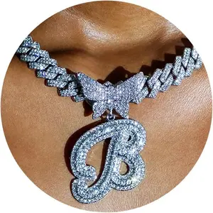 Women's 14MM Prong Cuban Link Chain with Cursive Silver Initial - Hip Hop Iced - Out Necklace, Personalized Butterfly Initial Letter Name Necklace Cubanchain Pendant Maximalist Jewelry
