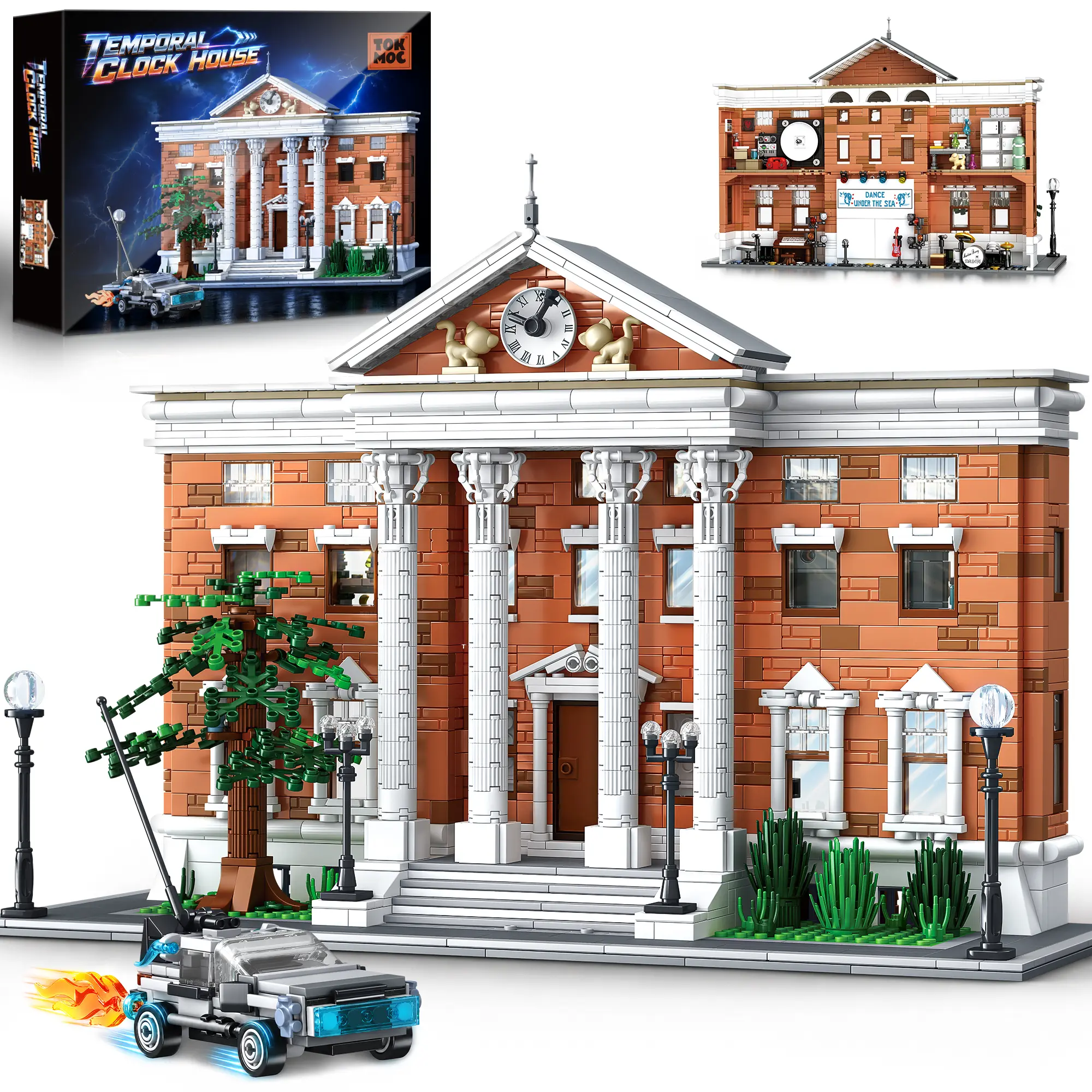 TOKMOC 1888 Pieces Future Clock House Building Blocks with Retro Sports Car,2-in-1 City Architecture Building Set Display & 5-Room Interior Diorama - Creative Home & Office Desk Decor Gift, Collector Display, for Aged 12 And Above,Stress Relief Toy