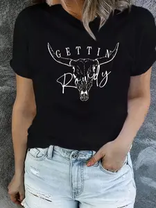 Casual T-Shirt for Women with Cow Head And Letter Print