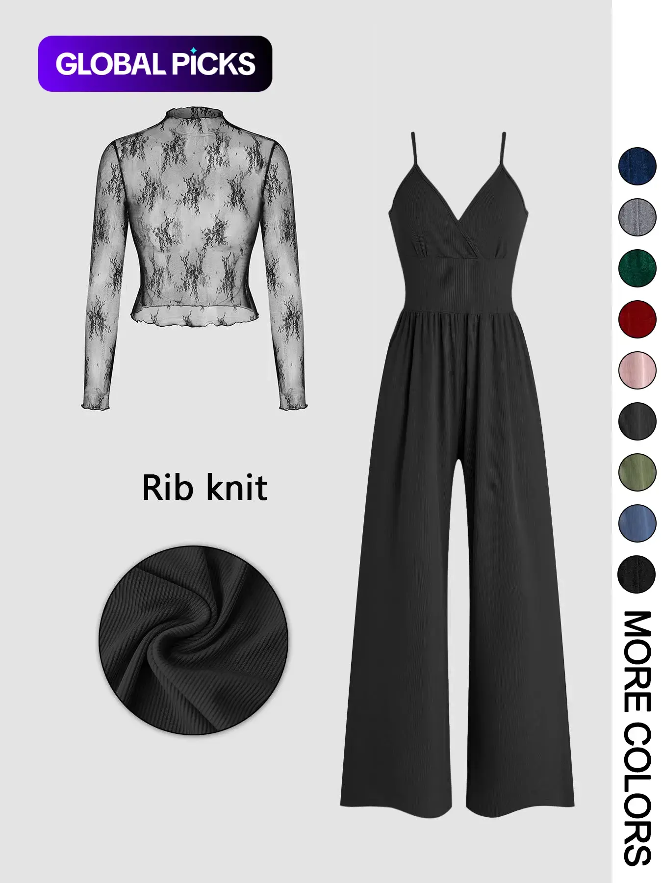 Valentine's Day Women's Basic Solid Color Knitted Lace Tee & High Waist Pocket Jumpsuit Two-piece Set, Elegant, Spaghetti Strap, Casual Fitted Zipper Back Cami Jumpsuit & Long Sleeve Top for Daily Outdoor Wear, Womenswear for Spring & Fall Outfit