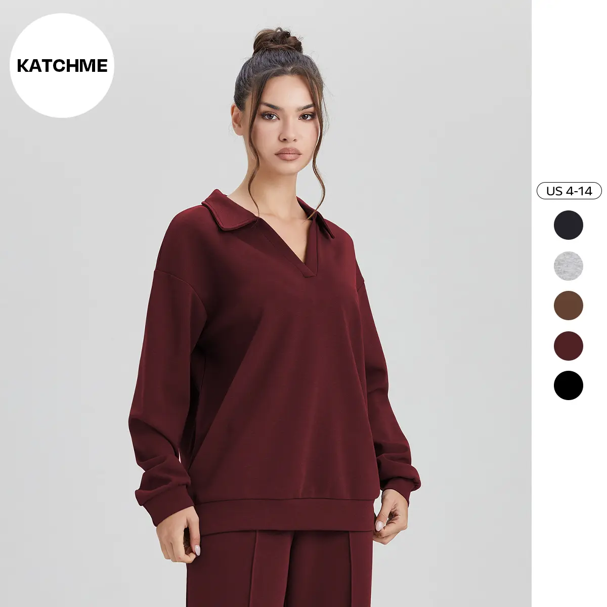 KatchMe Women's Minimalist Solid Color Split-Neck Sweatshirt, Simple Style Loose Long Sleeve Top, Lady Casual Comfort Outfit