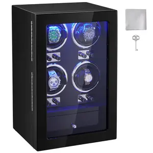 【FathersDayGift】VEVOR Watch Winder,  , Watch Winder for 4 Men's and Women's Automatic Watches, with 4 Super Quiet Japanese Mabuchi Motors, Blue LED Light and Adapter, High-Density Board Shell and Black PU
