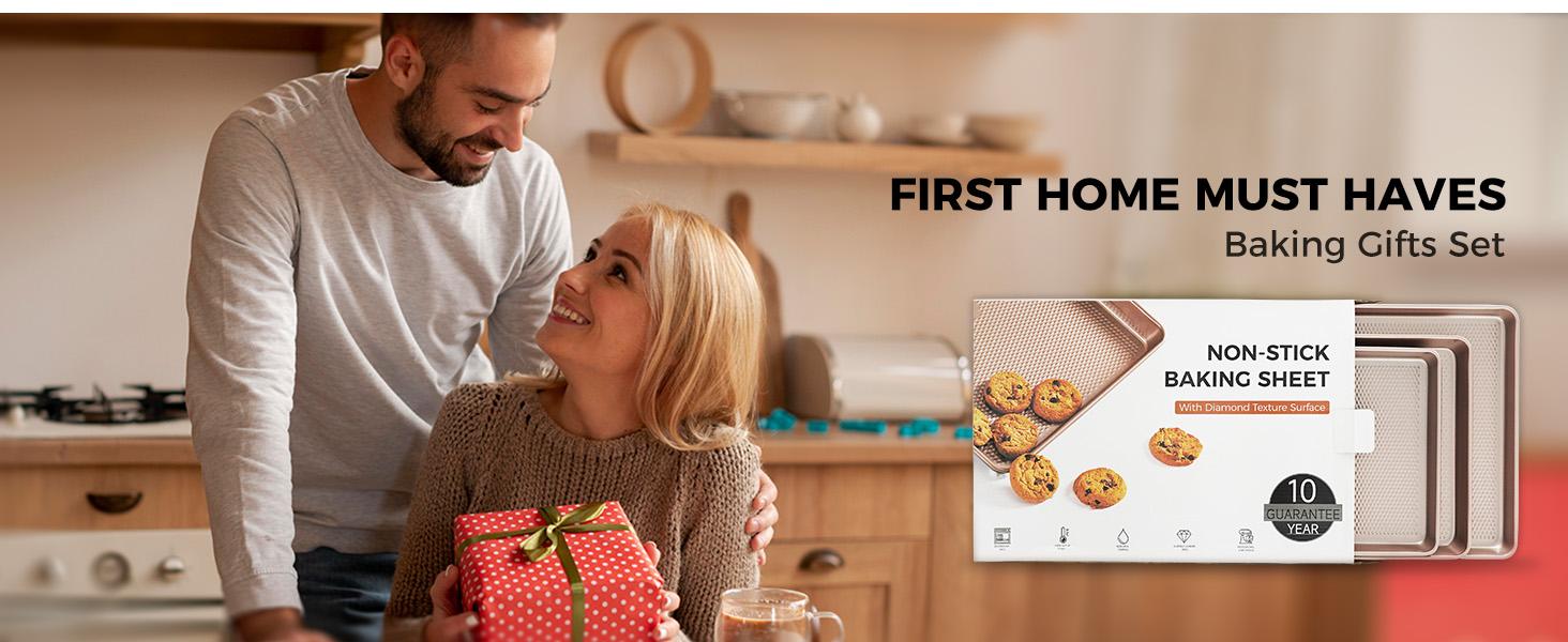 [BF&CM]HONGBAKE Diamond-Texture Baking Sheet Pan Set, Non-Stick Cookie Sheets, Teflon-Free Heavy Duty Bakeware - 3 Sizes, Baker, Pink Kitchenware Cooking