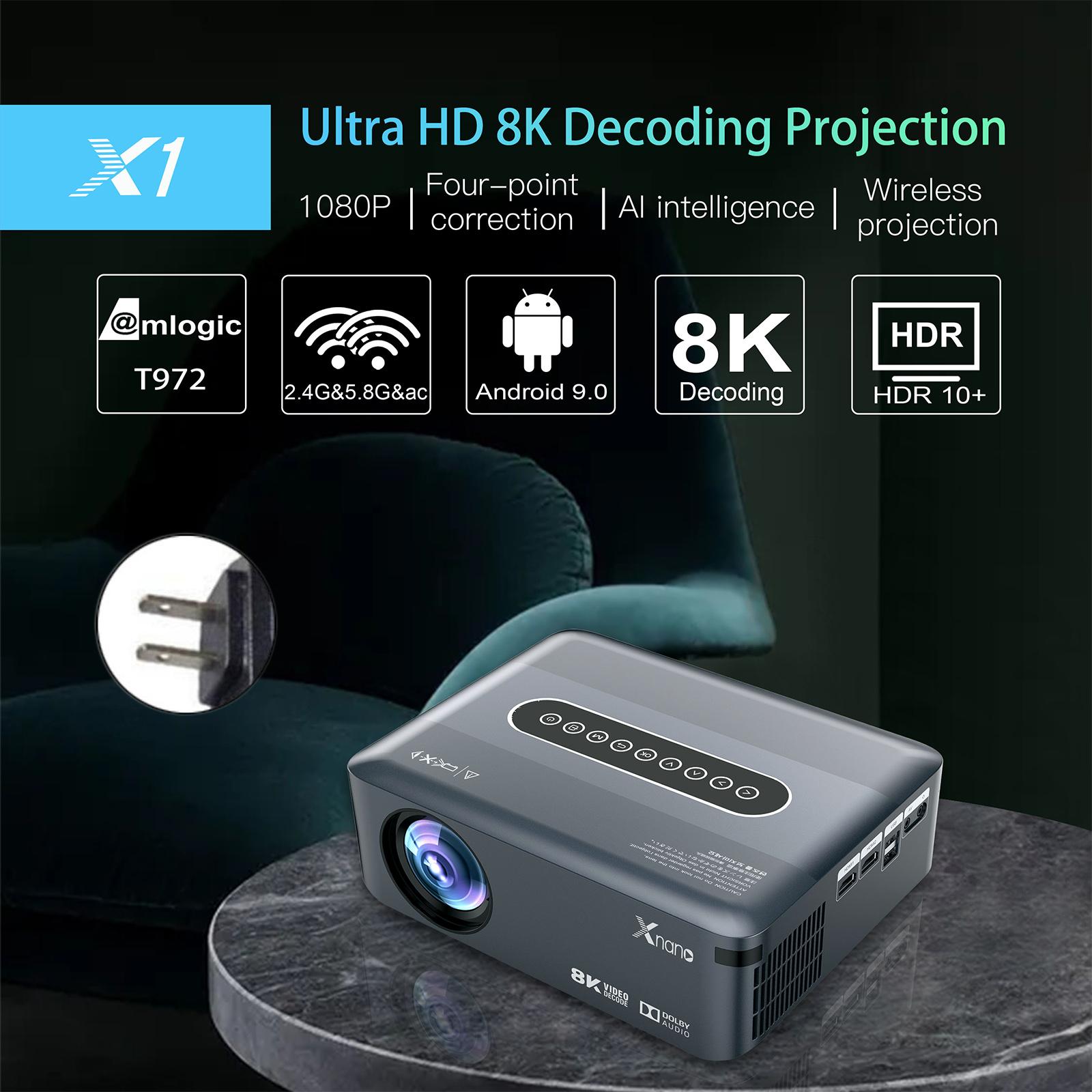 Smart Wireless Multi-Mode Remote Projector with Ultra HD 8K Screen, Dolby Digital, WiFi, Bluetooth, HDMI, USB, 1080P Full Color Media Player, Android 9.0 for Smartphones, Laptops