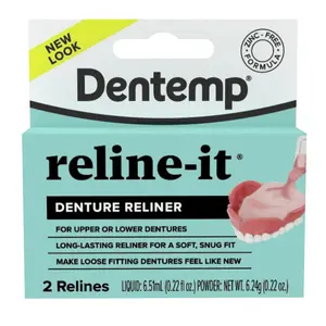 Dentemp Reline-It Denture Reliner Kit | Soft, Snug Fit for Upper & Lower Dentures | Zinc-Free, 2 Relines | Liquid & Powder Formula
