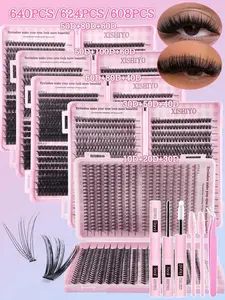 640/624/608pcs Fluffy Curly DD Type 8-16mm Mixed DIY Eyelash Extension Kit, Includes DIY Lower Lashes, Lash Palette, High-Capacity Soft Single Cluster Lashes, Create Fluffy Natural Y2K Butterfly Makeup Effect With Pink Base Card, Easy DIY Lashes At Home.