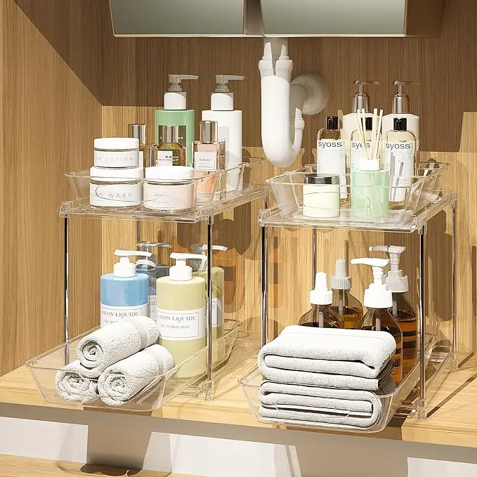 Clear 2-Pack Under Sink Storage Organizer – 2-Tier Pull-Out Cabinet Shelves with Hooks & Cups for Kitchen and Bathroom, 12.8"