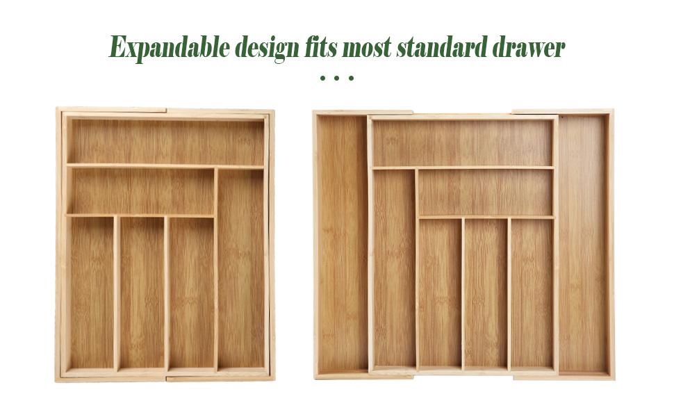 Jumbo Expandable Bamboo Rectangle Drawer Organizer - Adjustable 6-8 Slot Utensils Tray, Durable, Easy-Clean, Warm Bamboo Look, Cosmetic Holder, Box Organiser, Jewelry Storage, Bathroom & Kitchen Accessories