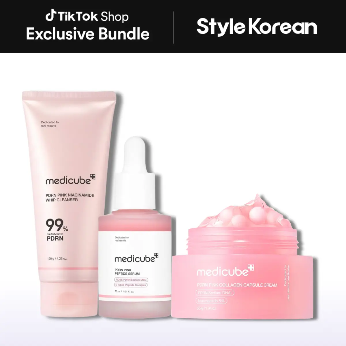 [Official Medicube Partner] PDRN Pink Routine Trio Set (Cleansing Foam + Serum + Cream) - PDRN Pink Niacinamide Whip Cleanser 120g, PDRN Pink Peptide Serum 30ml, PDRN Pink Collegen Capsule Cream 55g