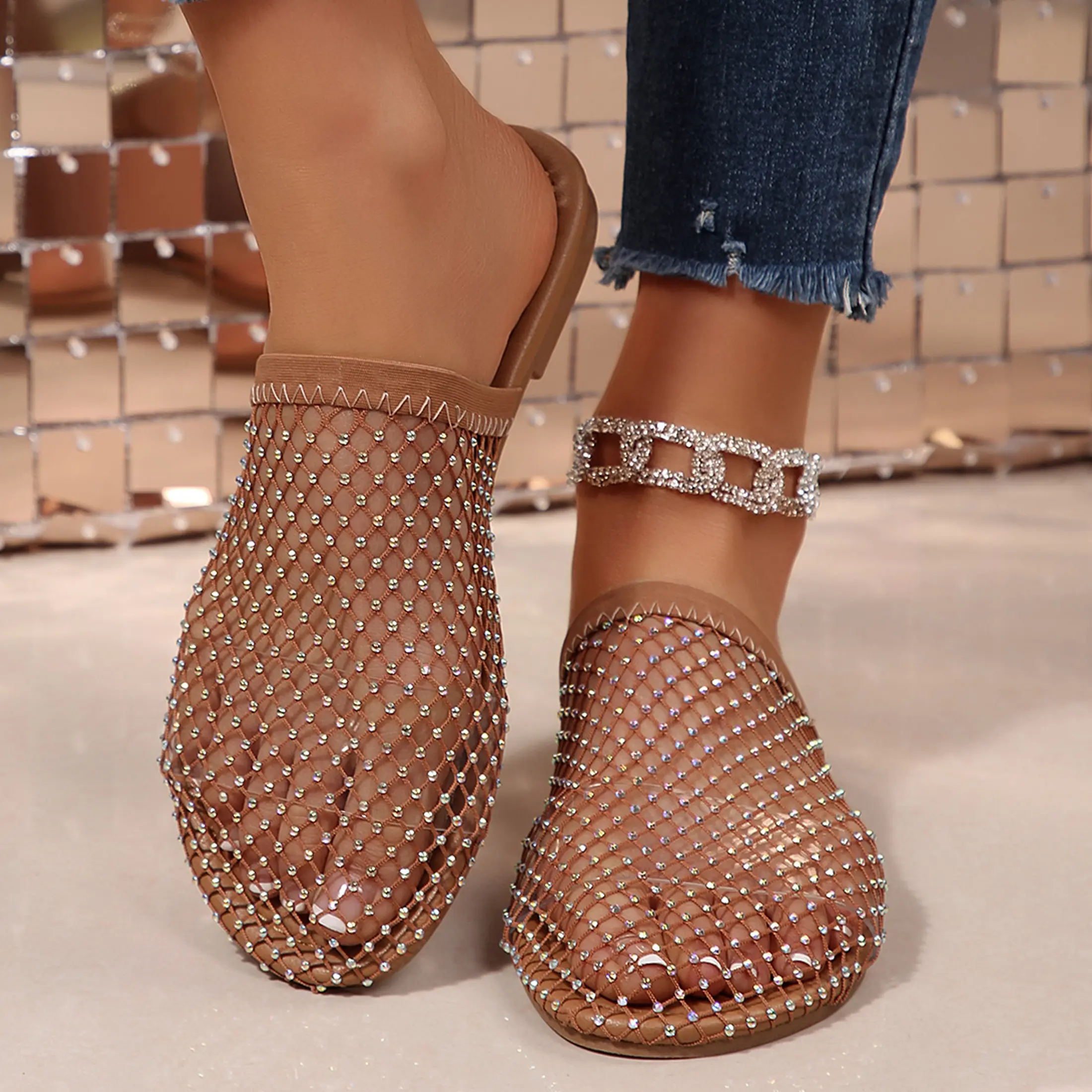 Women's Shiny Rhinestone Mesh Flats, Closed Toe Sandals Bling Mesh Mules for Women, Ballet Flats Sparkle Slipper Casual Slingback Springfresh