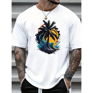 [100% Cotton] 100% Cotton, Vacation Wear Coconut Tree Monogram Printed T Shirt, Seasonal Casual Trendy Men'S T Shirt, Crew Neck High Street Cotton Short Sleeve T Shirt, Fashion Boutique T Shirt Fabric Menswear T-Shirt For Men And Women