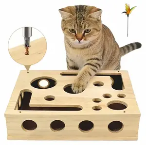 Pine Wood Cat Scratching Puzzle Box with Nail File, Durable Interactive Enrichment Toy, Stress-Free Nail Care Alternative to Clippers and Grinders. Includes Feather Teaser Wand Toy, Suitable for Kittens, Adult Cats and Senior Cats, For All Ages