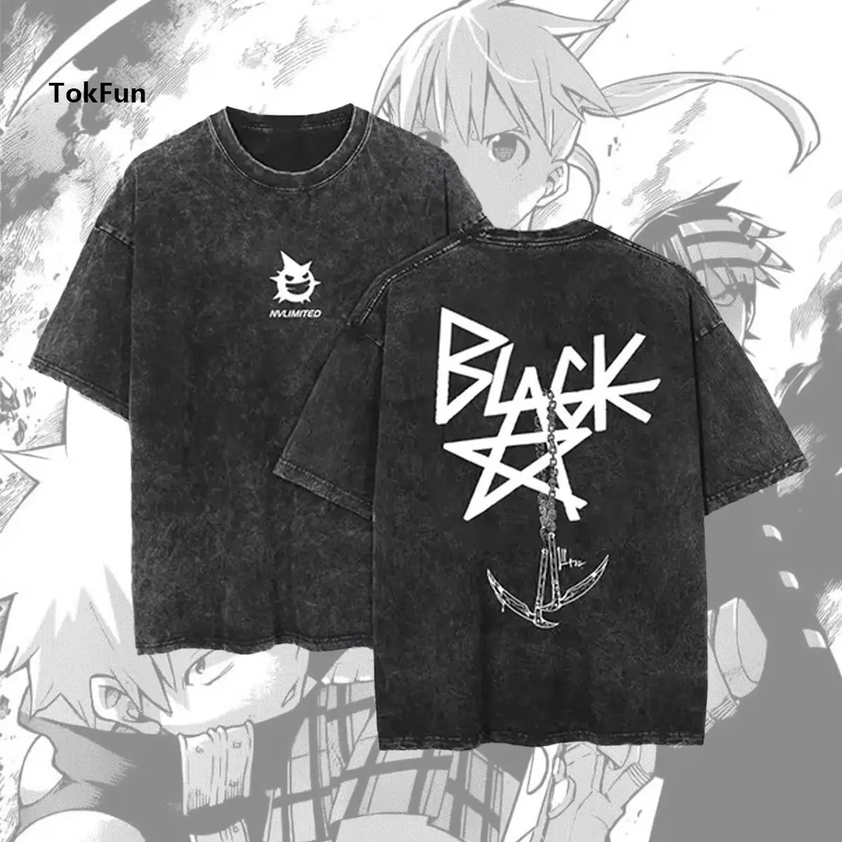 Blackstar X Chain Scythe - Soul Eater Anime Men's Oversized Cotton T-Shirts Loose Fit Vintage Washed Tee Unisex Short Sleeve Casual Shirts Tops,For Anime fans