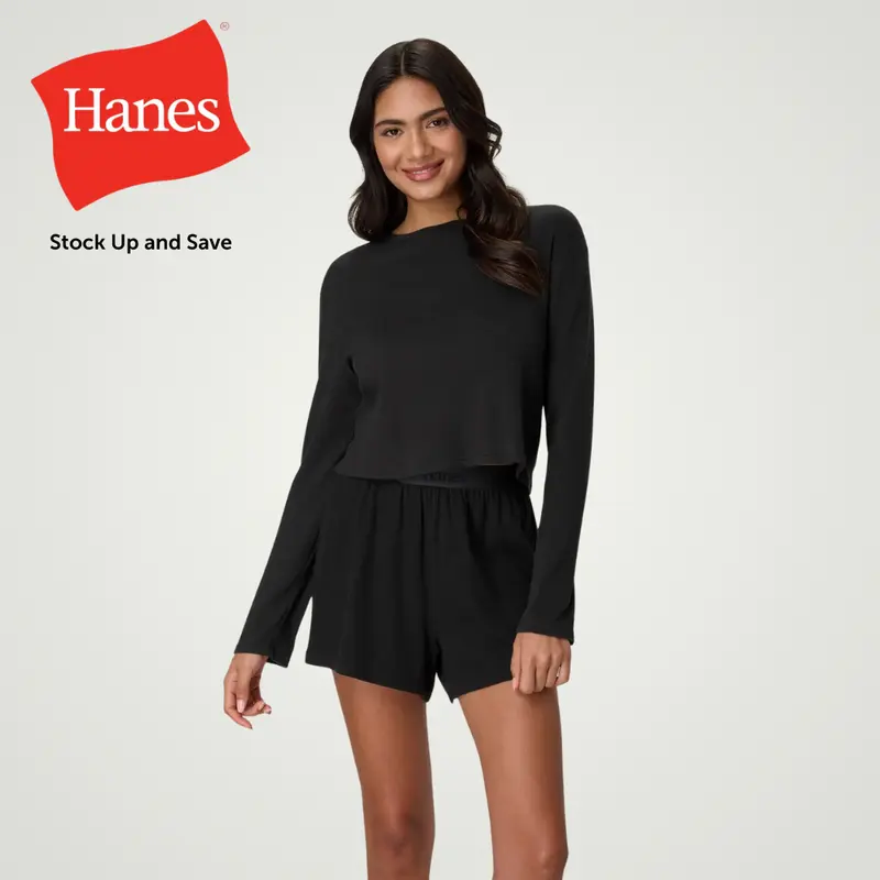 Hanes Women's Rib Crop Long Sleeve & Sleep Short Set