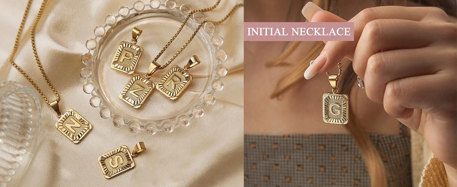 Trendsmax Initial A-Z Letter Pendant Necklace Mens Womens Capital Letter Yellow Gold Plated Stainless Steel Box Chain 22inch