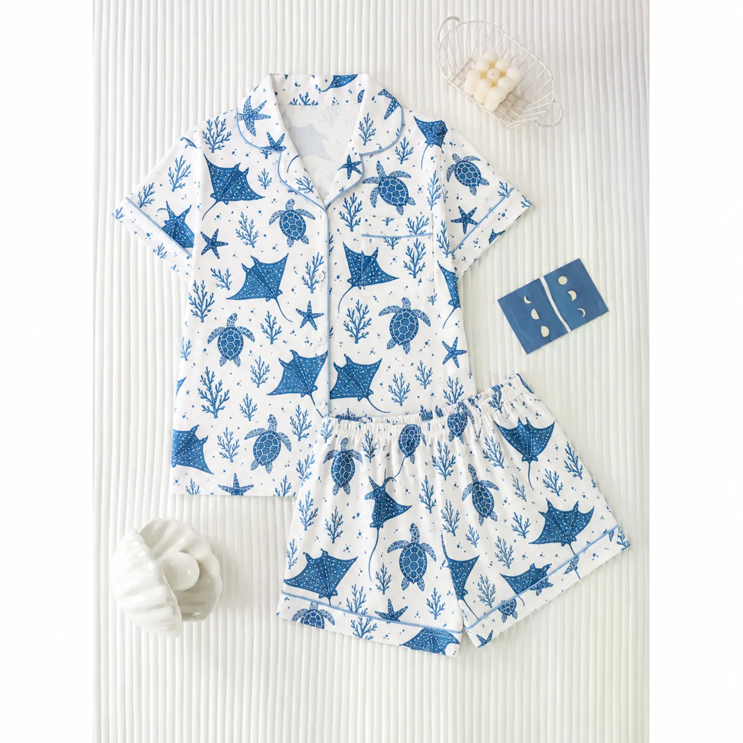White Sea Turtle Print Pajama Set - Short Sleeve Button-Up Shirt with Relaxed Shorts for a Comfortable Nighttime Experience