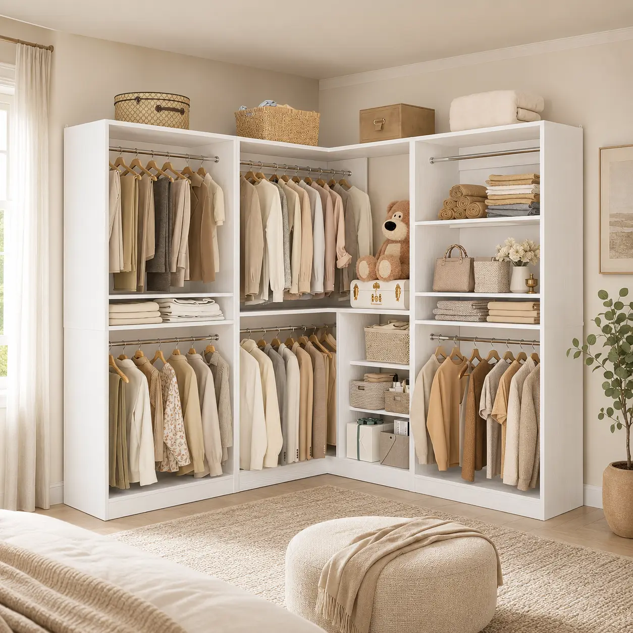 Homieasy 108'' Corner Closet System, 3-Piece L-Shaped Closet Organizer with 2 Closet Towers and 1 Corner Unit, Heavy Duty Wood Garment Rack with 6 Hanging Rods, Freestanding Walk-in Wardrobe
