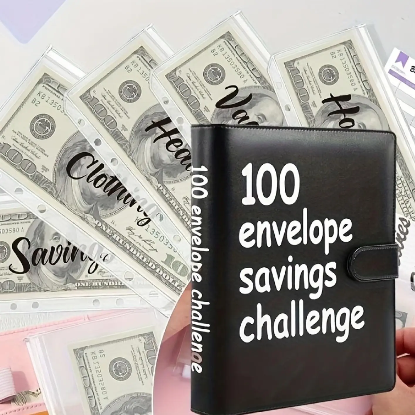 Hardcover A5 Size Personalized Financial Planner with 100 Refillable Cash Envelopes - Envelope Savings Book for Adult $5050 Savings Challenge Budgeting Tool