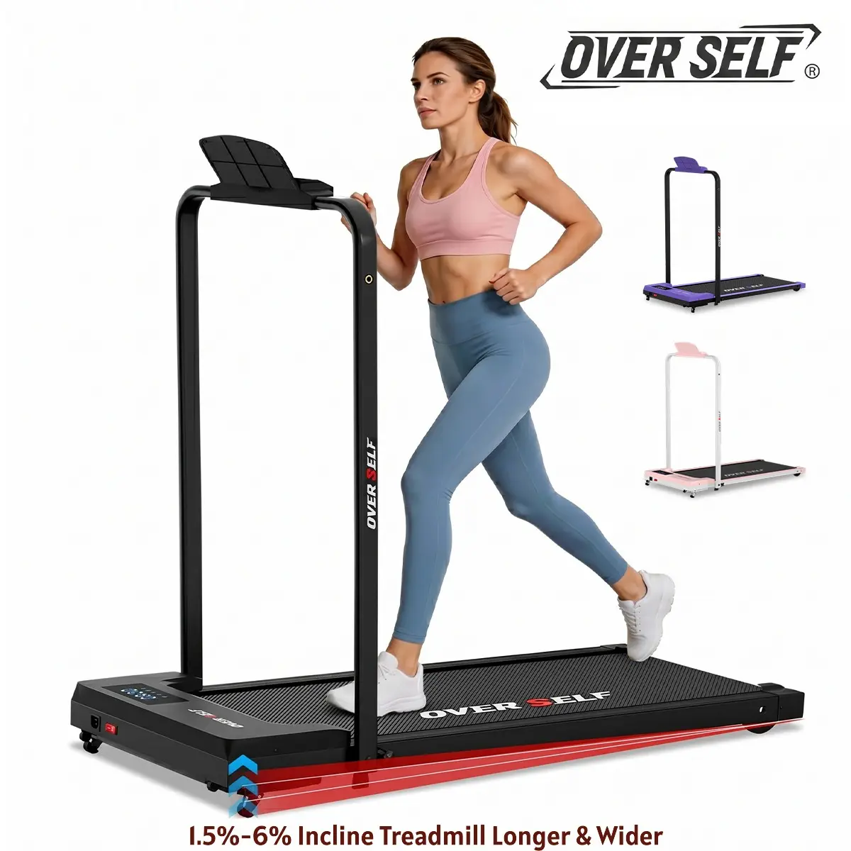 OVER SELF 2-in-1 Incline Walking Pad Treadmill with Handrail, 0–6% 3-Level Adjustable Incline, Foldable Under Desk Treadmill for Home Office, for Plus-size and tall People, 6.2 MPH, 300 lbs Capacity, Remote Control & Wheels, Dealsforyoudays
