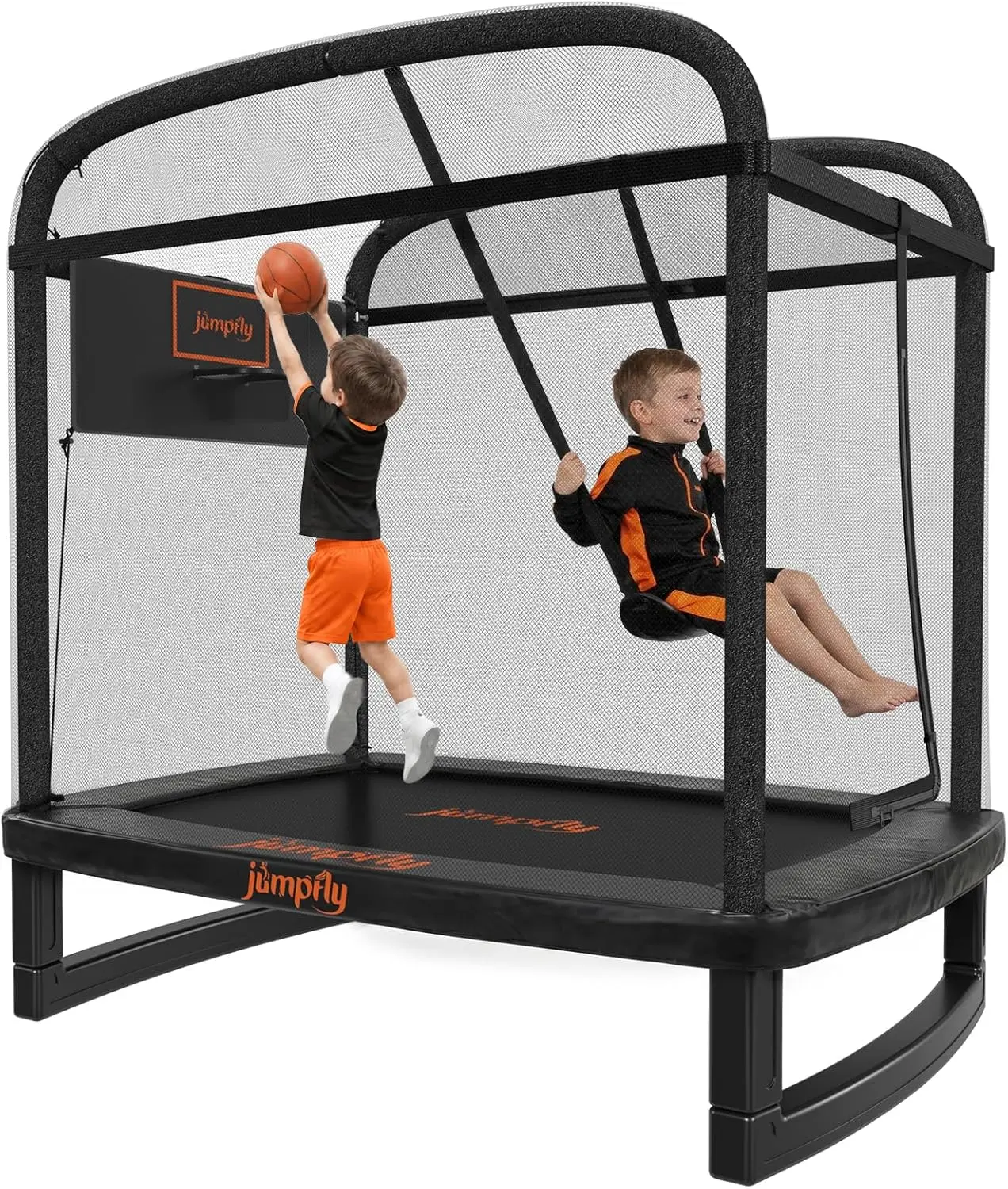 6FT Rectangle Trampoline for Kids, Toddler Trampoline with Swing & Basketball Hoop, Indoor & Outdoor Mini with Enclosure, ASTM Approved