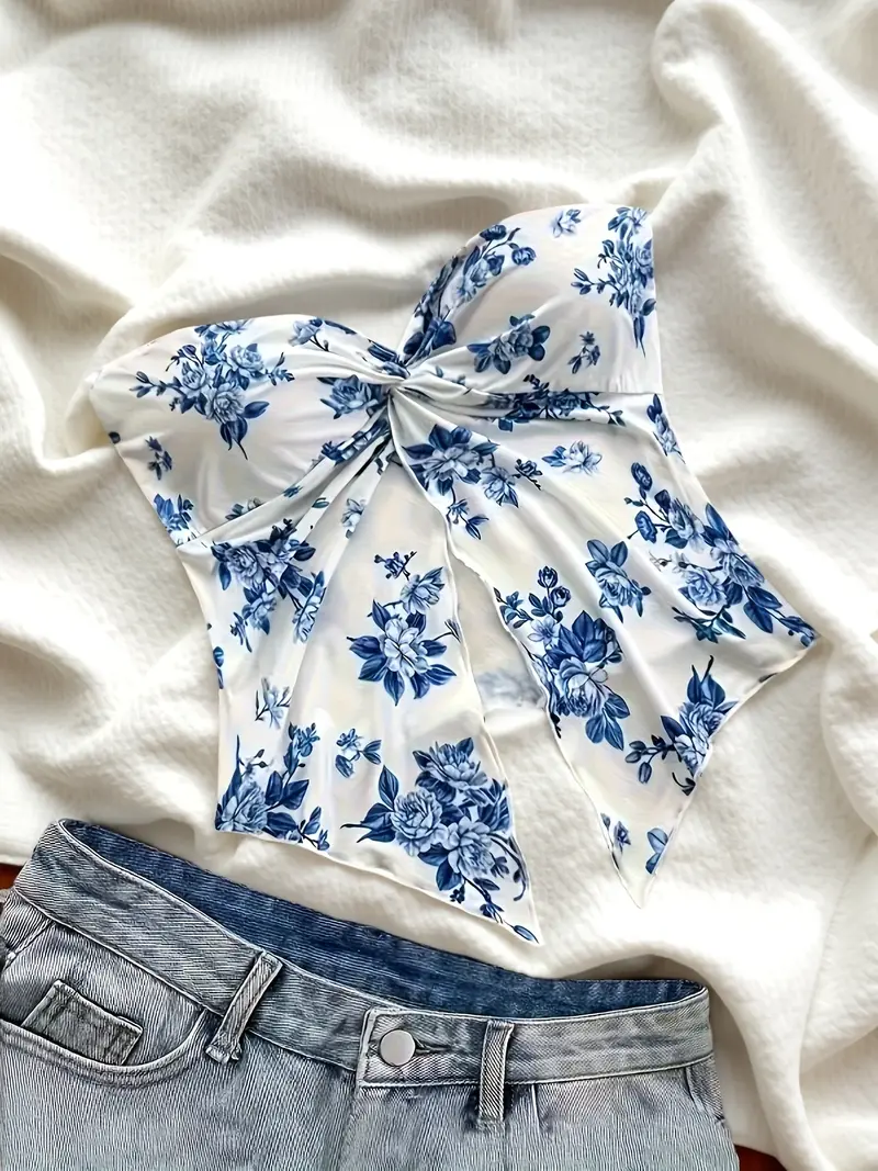 2026 New Directional Fashion Floral Strapless Top - Elegant Ruched Bandeau Summer Top, Chic Botanical Print Boob Tube for Festivals & Night Out