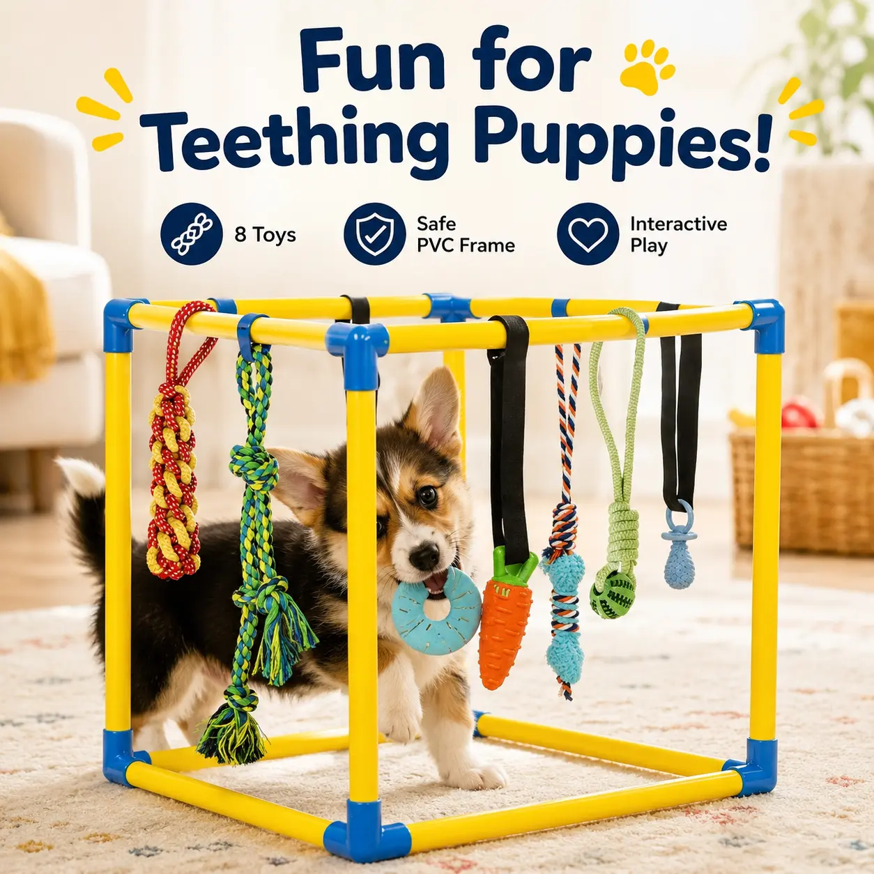 Puppy Play Gym with 8 Hanging Toys, Interactive Dog Enrichment Activity Center for Small Dogs, Indoor PVC Frame with Rope, Squeaky, Teething and Chew Toys, Adjustable Height, Toy Poodle, Easy Removable Toys