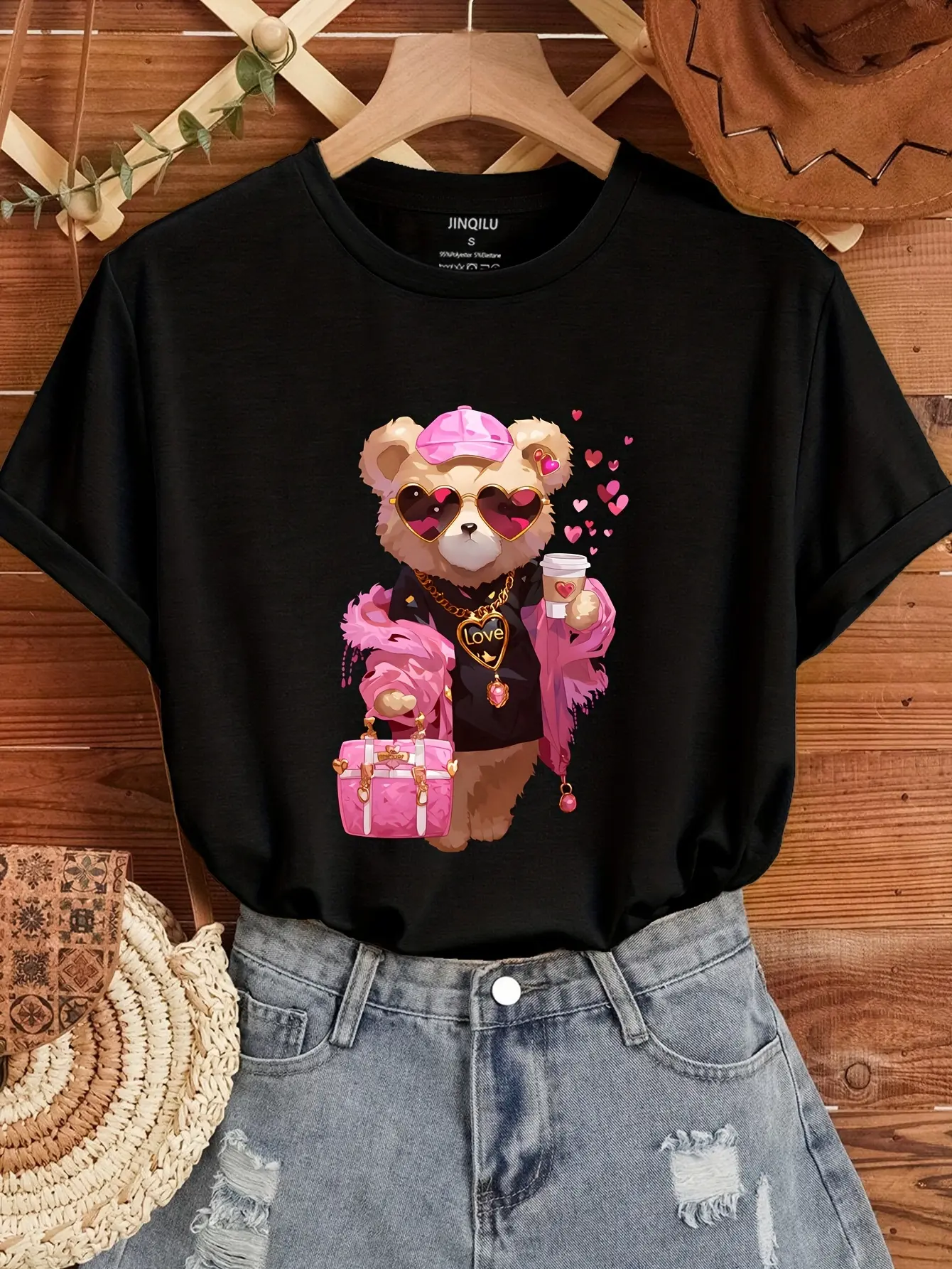 Women's 2025 New Round Neck Short-Sleeve Soft 100% Cotton Printed Tshirt - Loose Fit, Blush Pink Bear Print, Washable, 3XL, 5XL, Daily Casual Use Style, Spring-Summer Womenswear Top Suitable for Gifting
