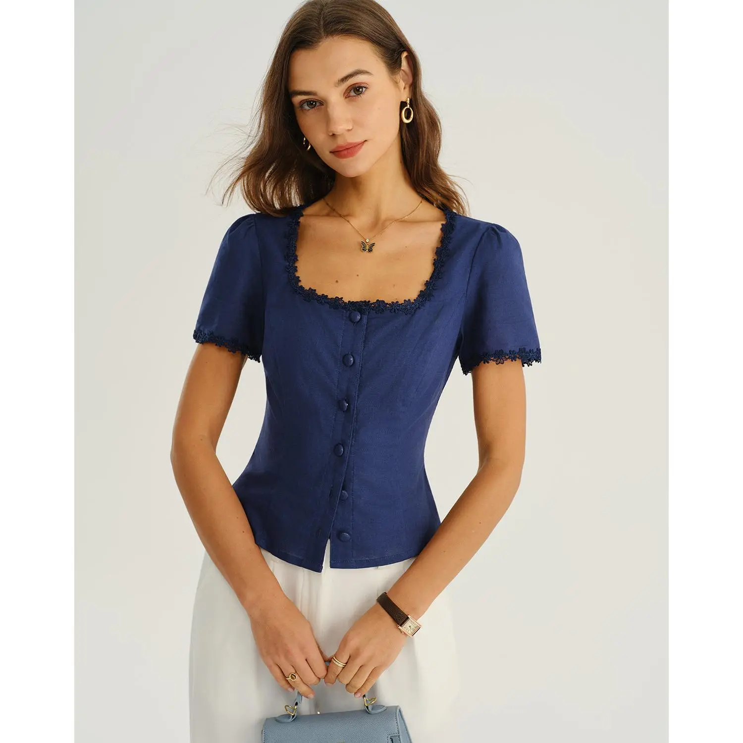 RIHOAS Women's Elegant Solid Navy Linen-Cotton Dressy Blouse with a Square Neck, Lace Tie Accents, and Button Front, Dressy Tops, Ready To Wear,back to school,back to school shopping,clothes for back to school,first day of school outfits