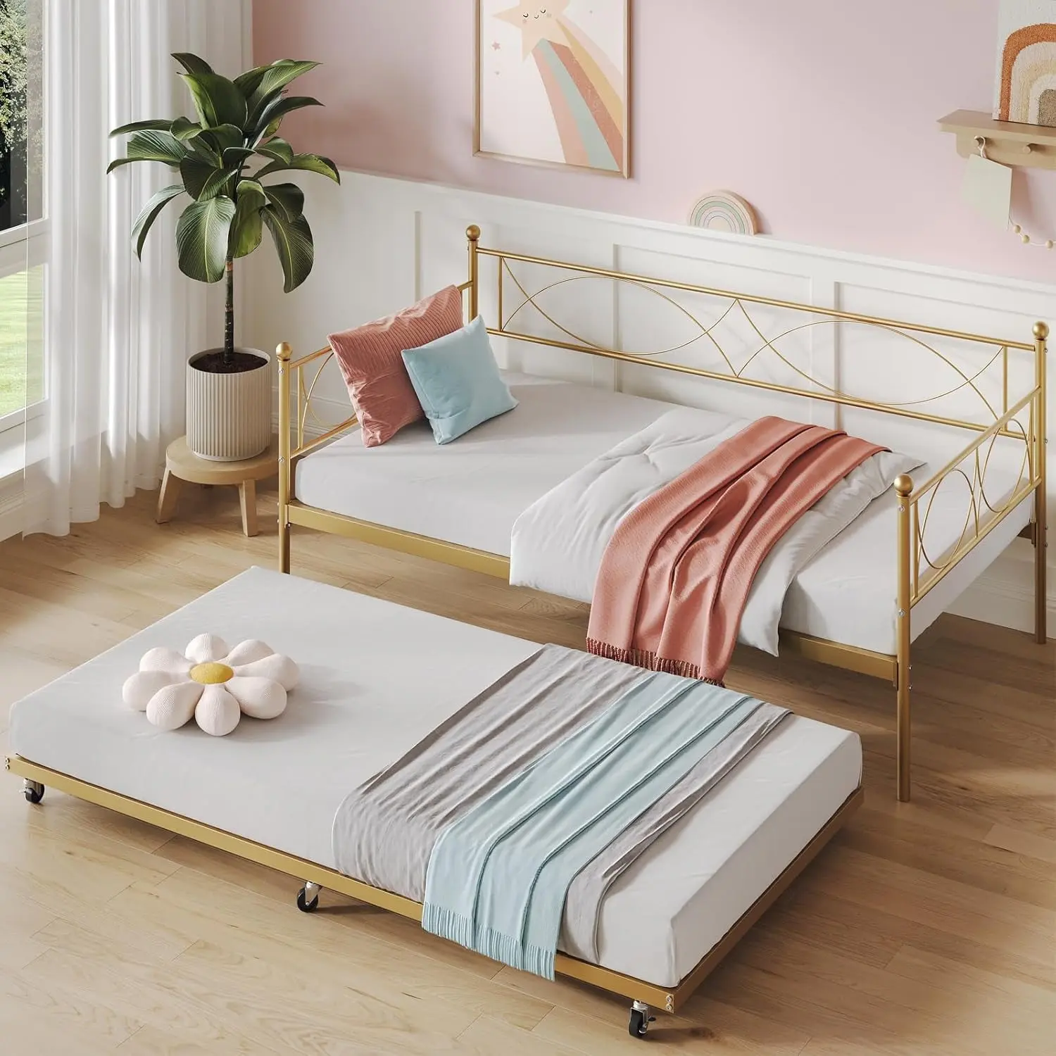 Twin Size Metal Daybed Frame with Trundle – Heavy Duty Metal Slats, Lockable Casters Platform Sofa Bed for Living Room & Guest Room – Gold