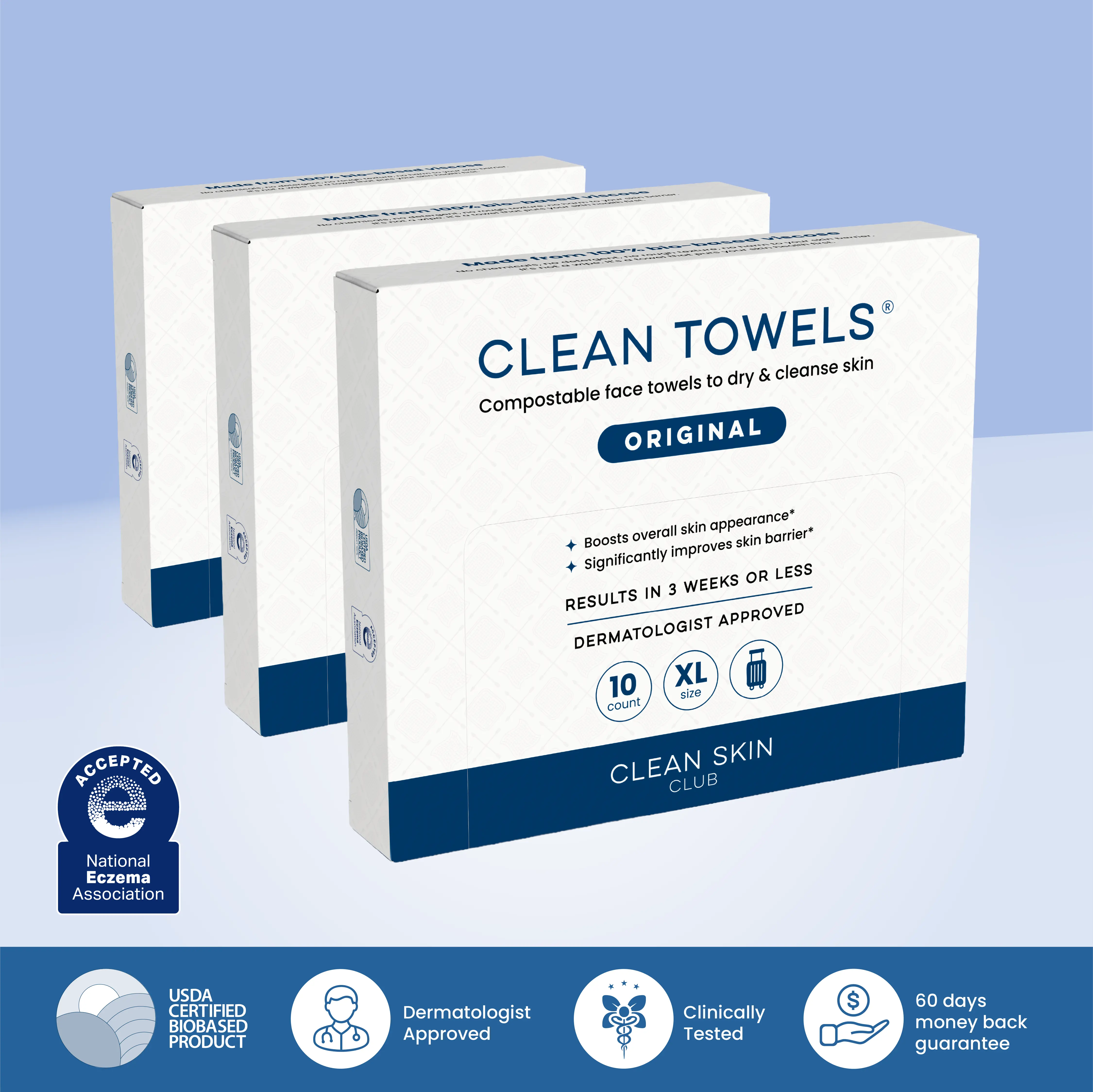 Clean Skin Club Clean Towels XL® Travel Packs 100% USDA Biobased Disposable Face Towel Eczema Accepted Dry Wipes TSA Approved 3 Packs 30 Ct Total - Daily