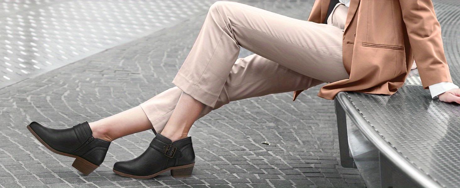 Comfortable Round-Toe Ankle Boots for Women with a Low Chunky Stacked Heel And Side Zipper.