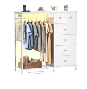49.2" LED Lighted Dresser with Hanging Rack and Charging Station | 6 Fabric Drawers & Wooden Top for Bedroom, Stylish Storage Unit with Grid Panel and 4 Hooks #HomeDecor