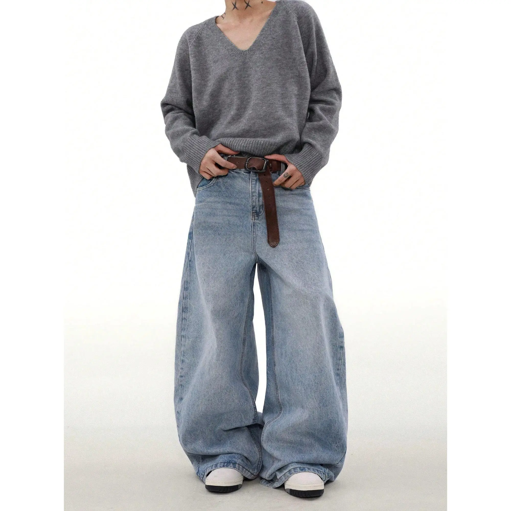Spring To Summer Vintage Baggy Jeans Grunge Streetwear Wide Leg Denim Pants with Pockets