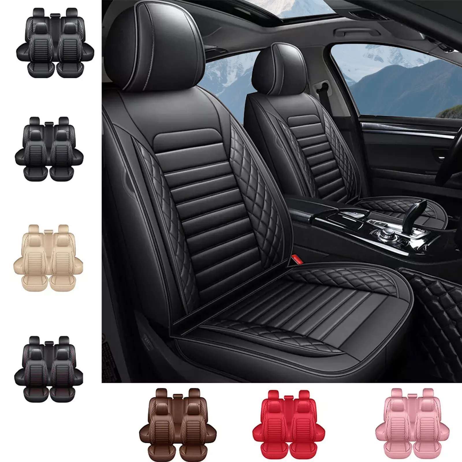 OTOEZ PU Leather 5-Seats Car Seat Covers Full Set with Headrests, Lumbar Support, Waterproof, Seat Protectors Auto Accessories Car Interior Cushions for Girls