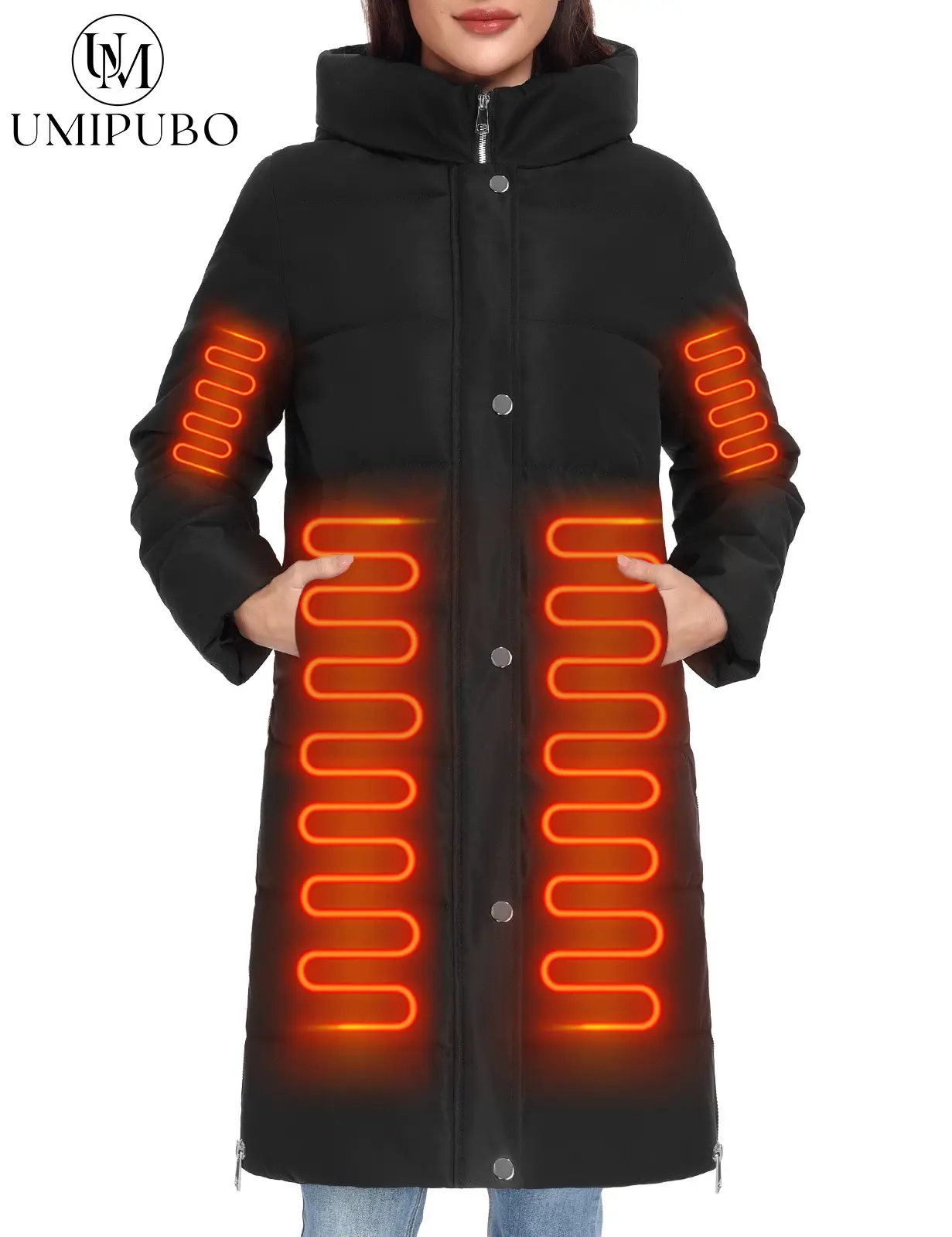 Women’s Heated Long Down Jacket with Hood, 8 Heating Zones Water-Repellent Winter Heated Outerwear Coat for Women