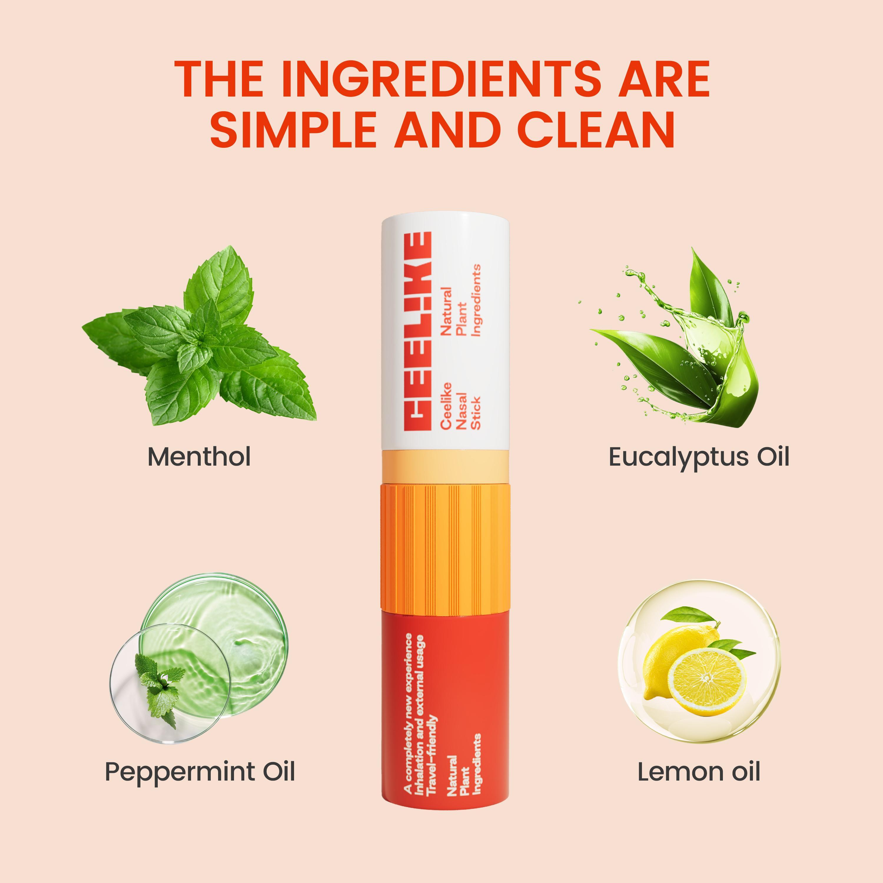 Ceelike Nasal Stick | Mint & Lemon Flavors | Natural Refreshing Vapors | Cool & Invigorating Sensation |  Natural Ingredients | Essential Oils + Menthol | 0.3 Oz Each, Pack of 3 | Convenient On-the-Go Use