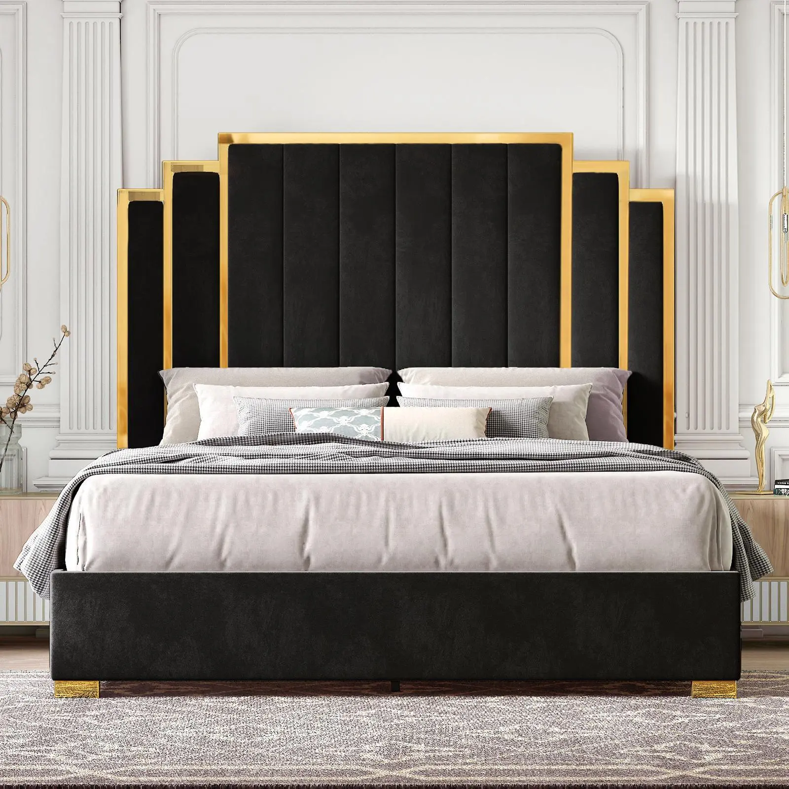 AMERLIFE Bed Frame with 65" Headboard, Upholstered Platform Bed with Golden Plating Trim, Modern Luxury Bed Frame, No Box Spring Needed/No Mattress/Queen/King//Unique Bedroom Furniture/Best Gift Ideas/Christmas Gifts[tiktokshopbacktoschool][SohoChic]