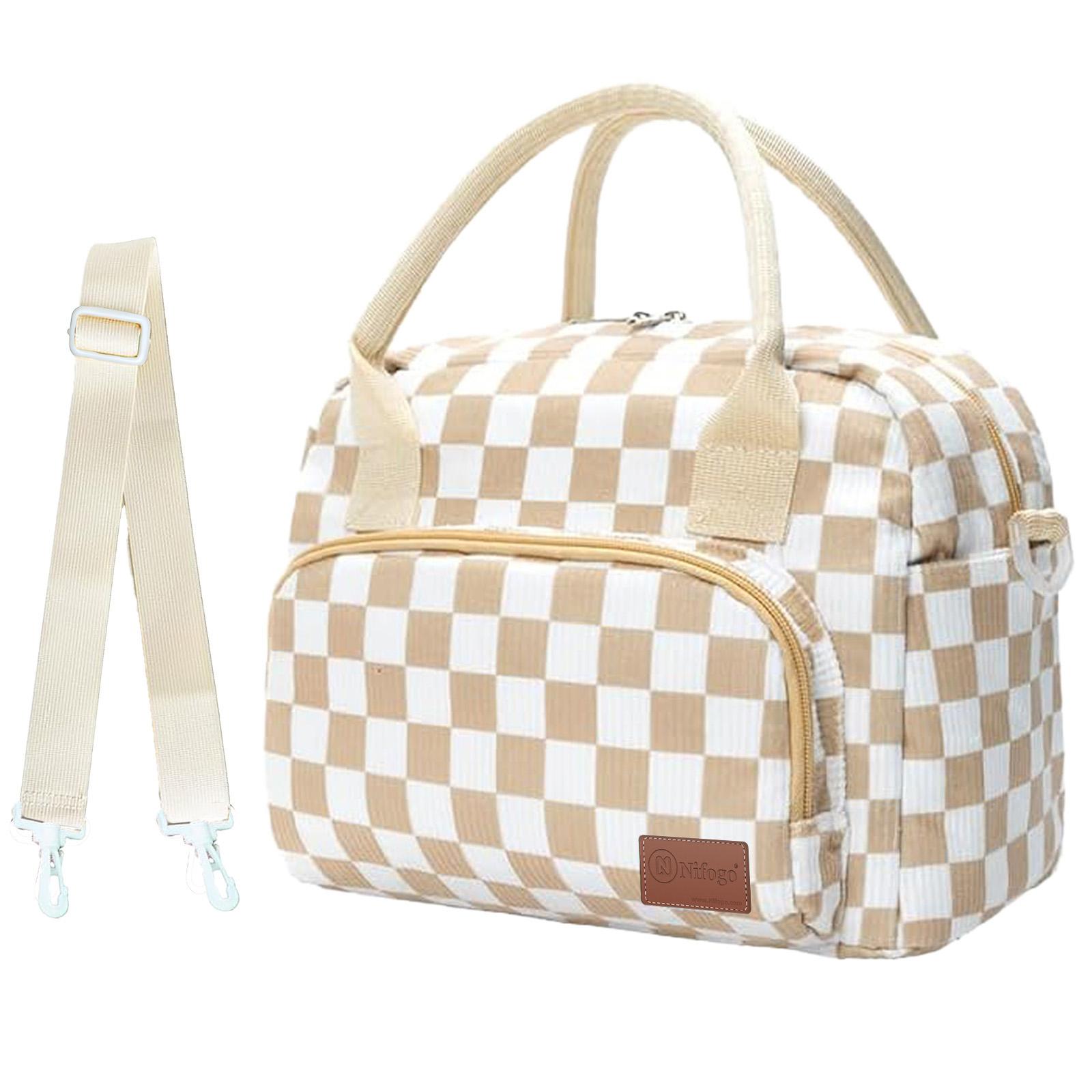 Lunch Box for Women Insulated Lunch Bag Cute Corduroy Lunch Tote Bags Lightweight Reusable Leakproof Cooler Bag with Adjustable Shoulder Strap for Work Office Travel Picnic (Checkered)