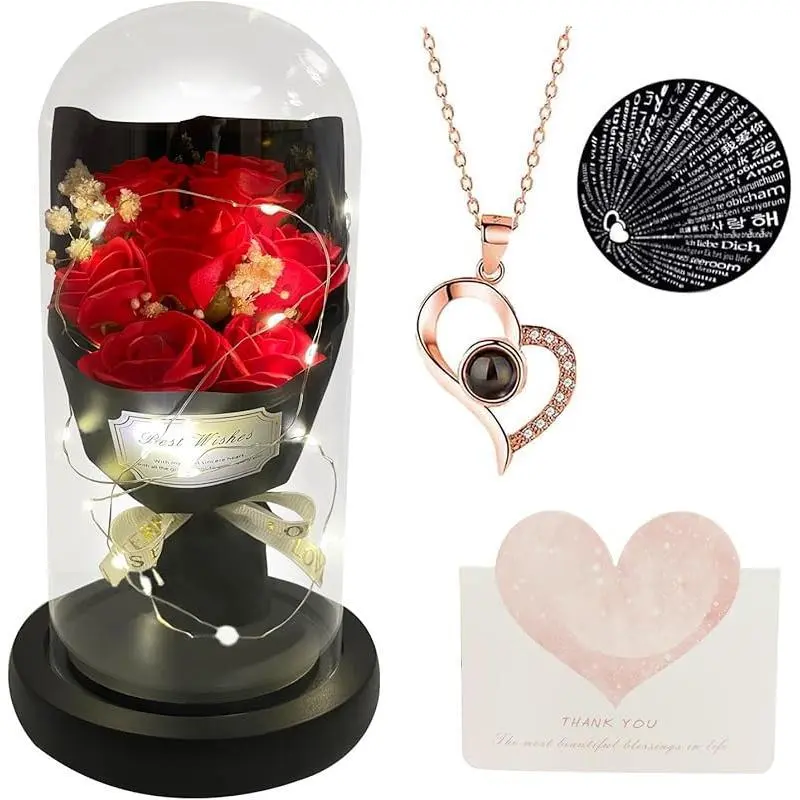 Gift for Her Forever Flower Bouquet for Delivery Prime Preserved Pink Roses Glass Dome LED Light 100 Languages I LOVE YOU Necklace Mothers Day Birthday Romantic Valentines Gift for Wife Women Mom