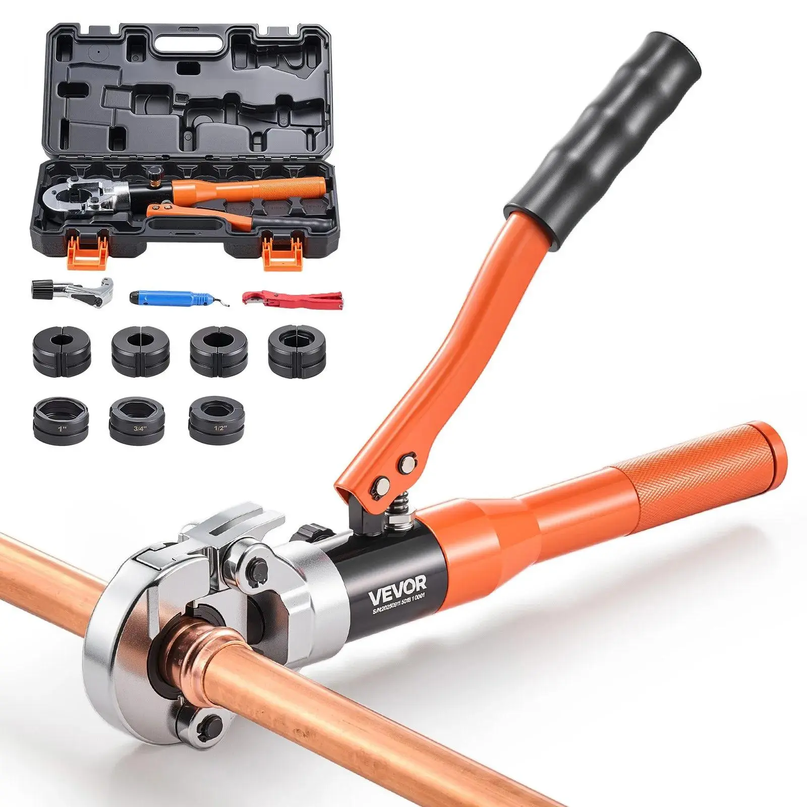 【summerfinds】VEVOR Copper Pipe Crimping Tool, Hydraulic Driven Pro Press Tool with 1/2", 3/4", 1" Jaws for Copper Tube & 3/8", 1/2", 5/8", 3/4", 1" Jaws for ASTM F1807 PEX Pipe Copper Ring - with Carrying Case