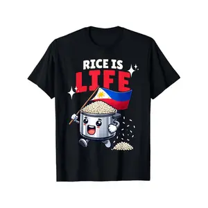 Graphic Tees "Rice is Life" Filipino-Inspired Cotton T-Shirt - Black with Playful Rice Cooker & Philippine Flag Graphic, Soft Breathable Fabric Menswear Top