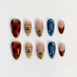 M11 Amber Tortoiseshell Press-On Nails, Nude & Teal Color Block Base, 3D Gold Chain and Bezel Accents, Elegant Handmade Luxury Nail Set, Gift for Her