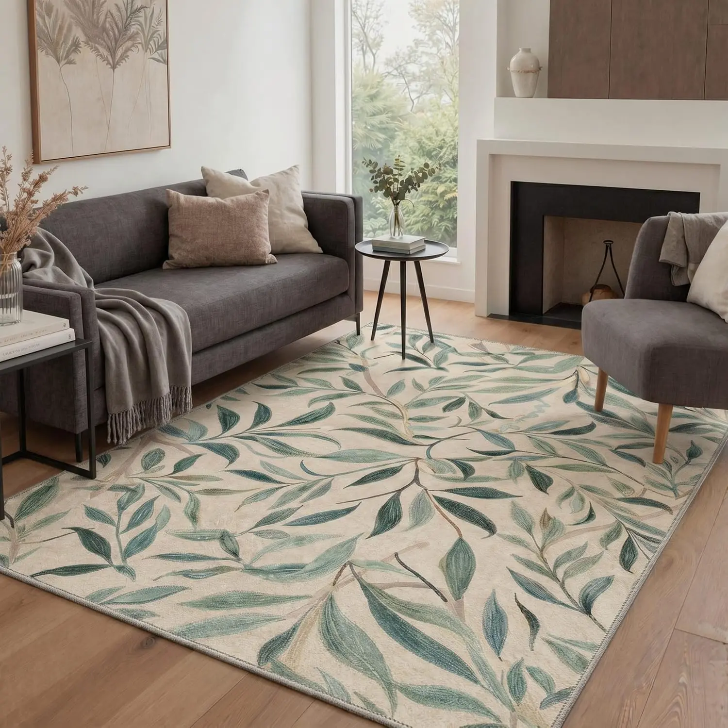 【Back To School】GENIMO Area Rugs with Willow Leaves Print Pattern Machine Washable, Non Slip Backing Low Pile Lightweight Indoor Rug for Living Room Bedroom Dining Room, Soft Sage