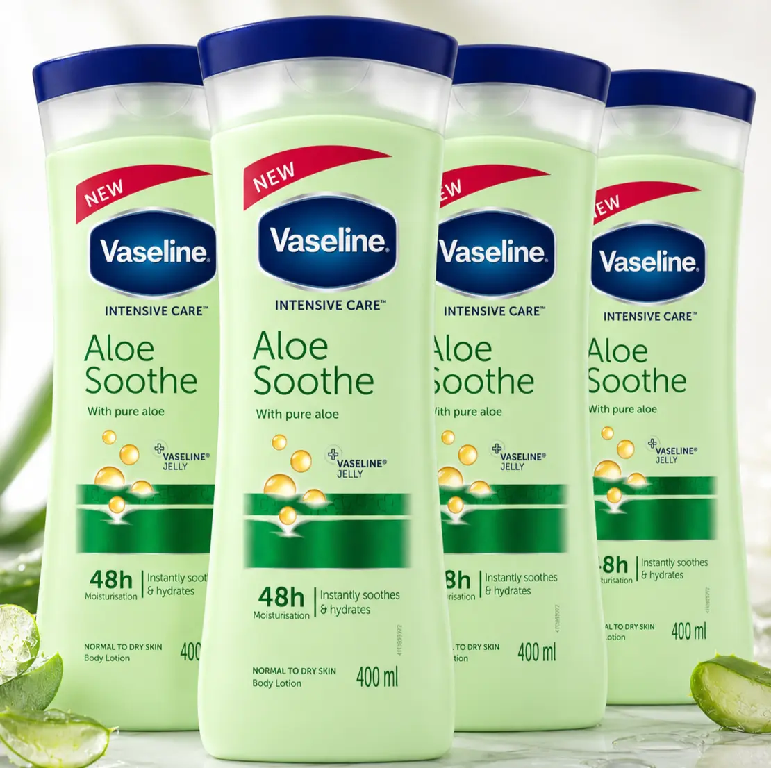 Vaseline Intensive Care Aloe Soothe Body Lotion Value Bundle (400ml/13.5oz Multipack Set) - Body Care, Lightweight Gentle Formula with Pure Aloe & Vaseline Jelly, 48h Soothing Hydrates for Normal to Dry Skin, Restores Hydration, Subtle Scent, Daily Use, T