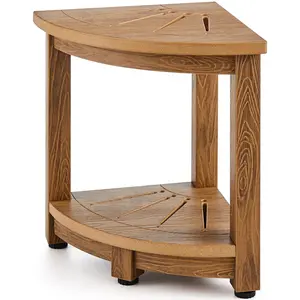 【FathersDayGift】VEVOR Corner Shower Bench, 16.5" Height 12.8" Radius, Faux Wood Grain Polystyrene, 350 LBS with Storage Shelf, Water Resistant, Shower Stool for Inside & Outside Shower, for Bathroom, Living Room