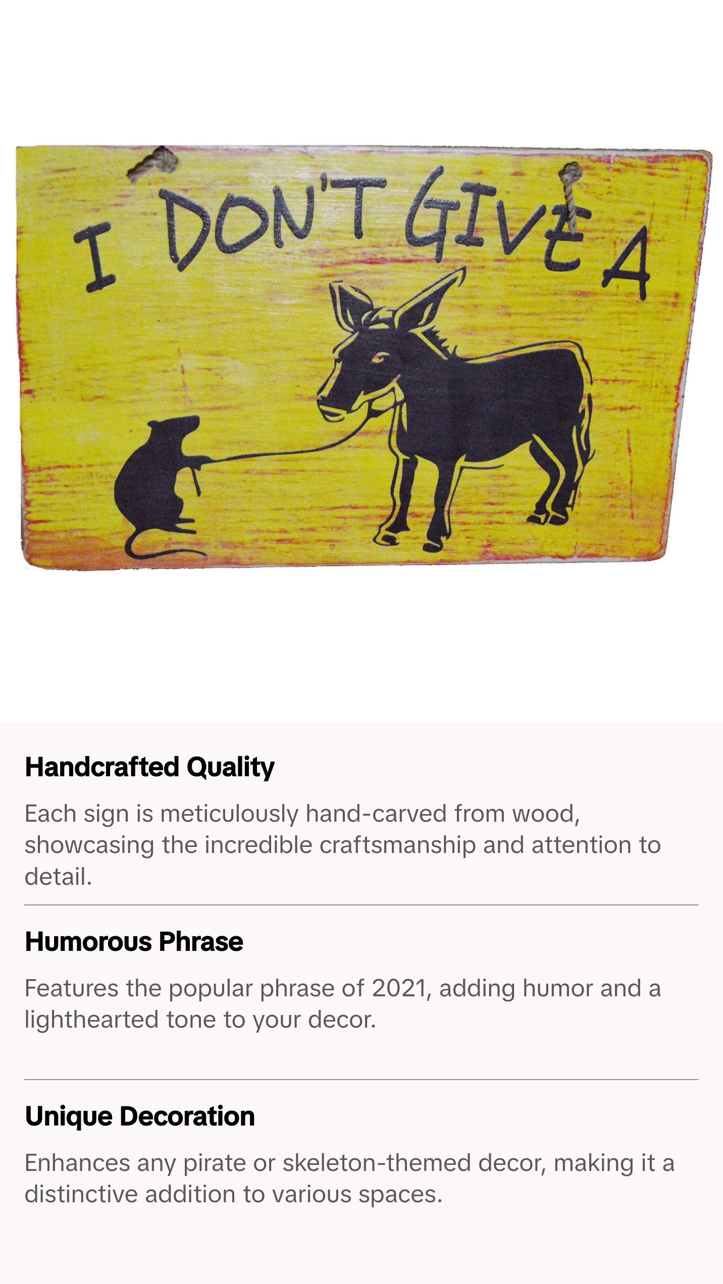 WorldBazzar Hand Carved Wooden I Don't GIVE a Rat's Ass Funny Gag Tiki Bar Sign Retirement Boss Phrase of 2021, White, Yellow, Black